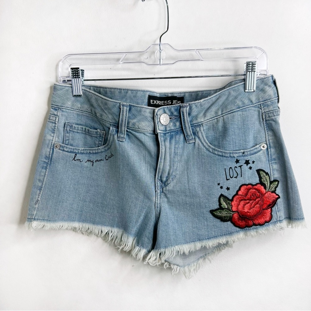 Express Cut Off Denim Shorts with Floral Roses Embroidery Applique Size 4